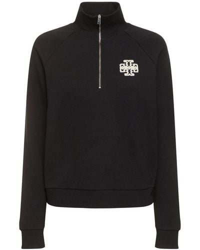 Tory Sport French Terry Half Zip Cotton Sweatshirt - Black