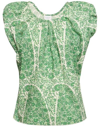 Giambattista Valli Printed Poplin Draped Short Sleeve Top - Green