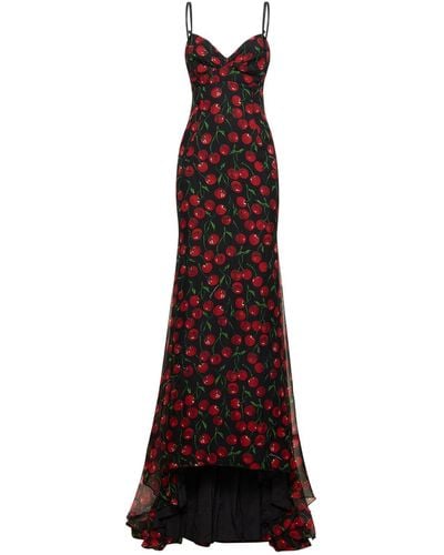 Dolce & Gabbana Cherry Printed Silk Chiffon Gown - Red