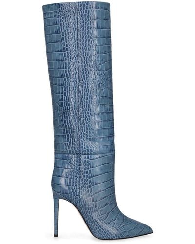 Paris Texas 105mm Hohe Stiefel Aus Leder Mit Krokoprägung - Blau