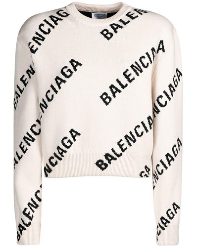 Balenciaga All-over Logo Cotton And Wool-blend Crop Sweater - Natural