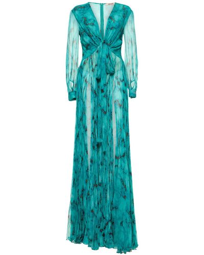 Roberto Cavalli Printed Silk Chiffon Long Dress - Blue