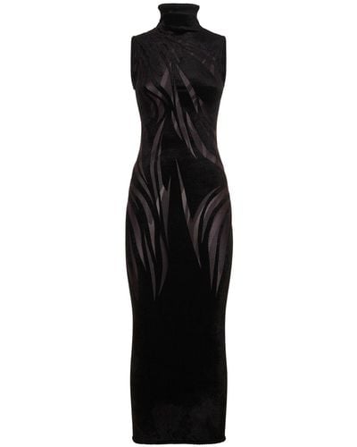 Mugler Velvet & Tulle Midi Turtleneck Dress - Black