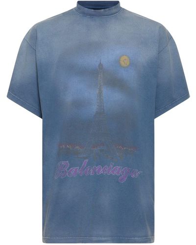 Balenciaga New Paris Moon Vintage Cotton T-Shirt - Blue