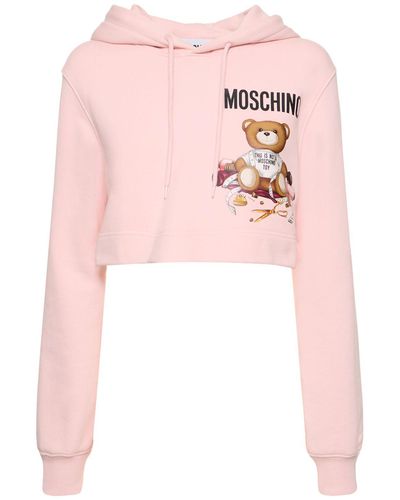 Moschino Logo Printed Cotton Jersey Crop Hoodie - Pink