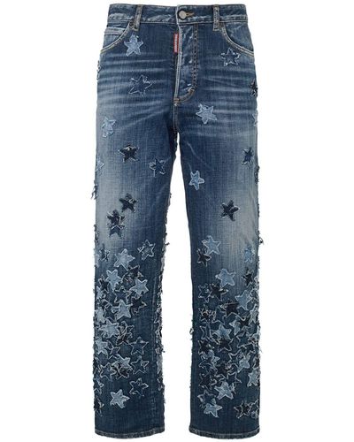 DSquared² Boston Embroidered Wide Leg Jeans - Blue