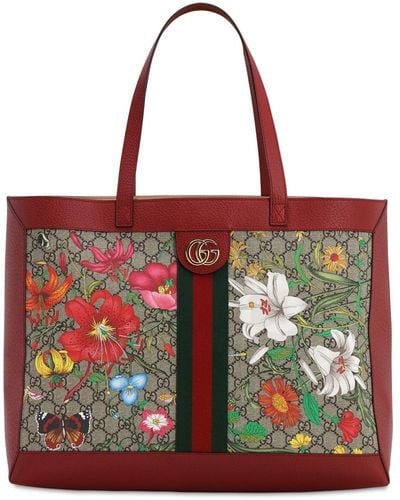 Gucci Ophidia Floral And GG Supreme Tote - Red