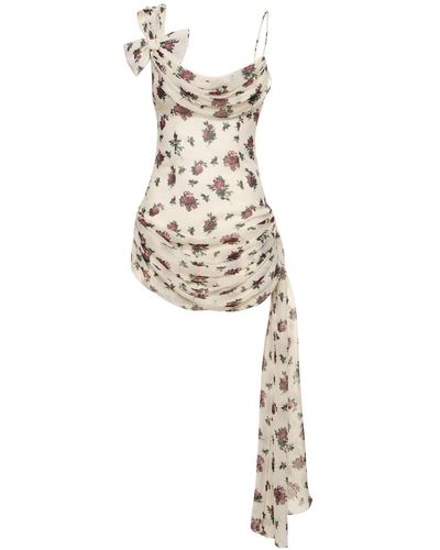 Alessandra Rich Print Draped Silk Twill Mini Dress W/bow - White