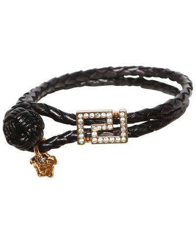 Versace Medusa & Greek Motif Leather Bracelet - Black