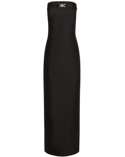 Versace Wool & Silk Twill Long Dress W/ Logo - Black