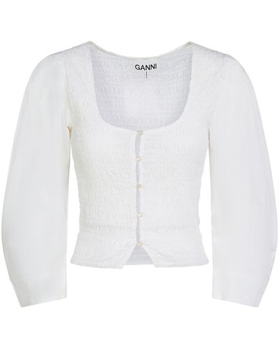 Ganni Cotton Poplin Smocked Top - White