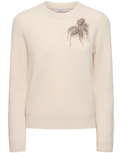 Brunello Cucinelli Ribbed Knit Embroidered Jumper - Natural
