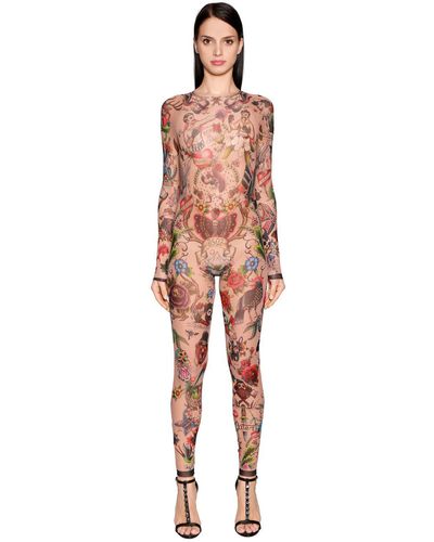 DSquared² Tattoo Printed Stretch Tulle Jumpsuit - Multicolor