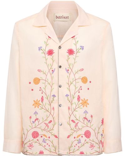 BAZISZT Flower Embroidered Cotton Shirt - Pink