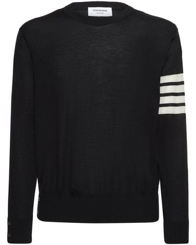 Thom Browne Wool Crewneck Sweater W/ Stripes - Black