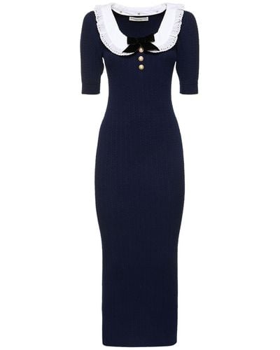 Alessandra Rich Cotton Blend Knit Midi Dress W/ Collar - Blue