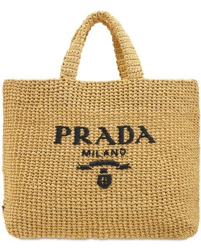 Prada Tote Aus Raffia Mit Logo "shopping" - Mettallic