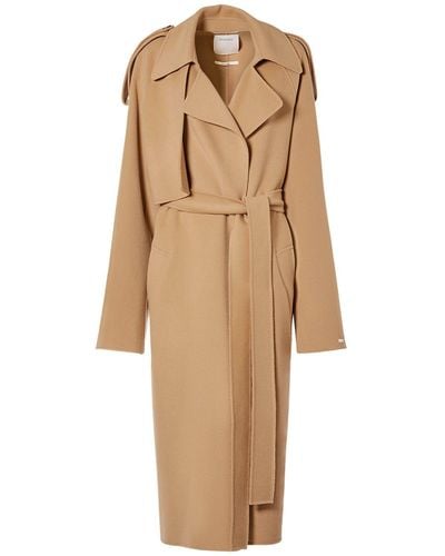 Sportmax Fiore Belted Wool Long Coat - Natural