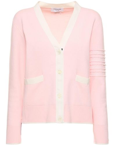 Thom Browne Cotton Knit 4 Stripe Cardigan W/ Pockets - Pink