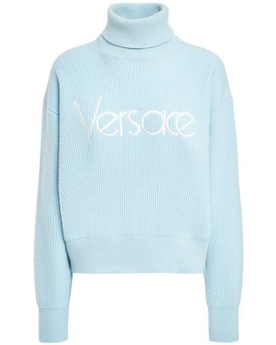 Versace Logo Rib Knit Turtleneck Sweater - Blue