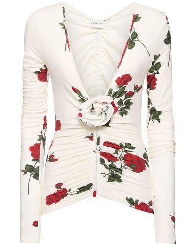 Magda Butrym Rose Printed Jersey Long Sleeve Top - Natural