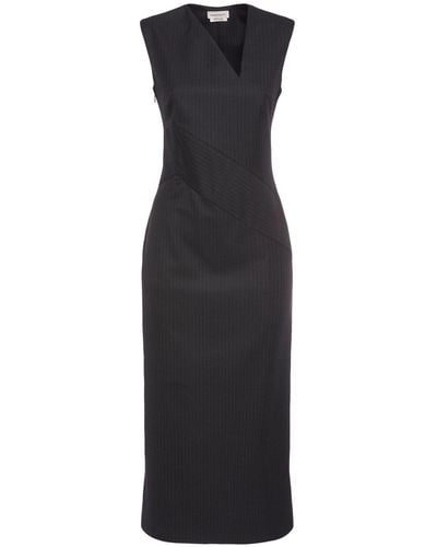 Alexander McQueen Pinstripe Wool Midi Dress - Black