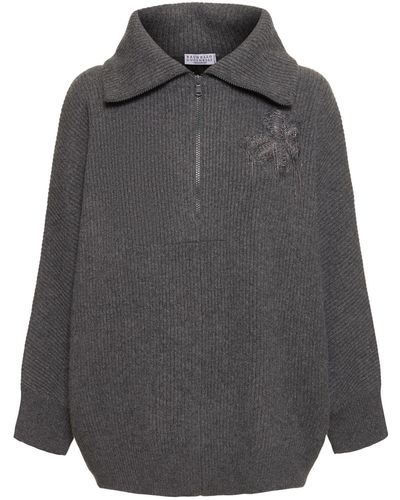 Brunello Cucinelli Ribbed Knit Half Zip Sweater - Gray