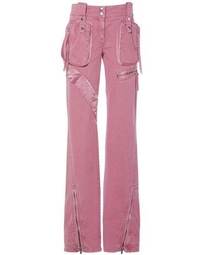 Blumarine Cotton Denim Cargo Flared Pants W/Zips - Pink