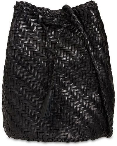 Dragon Diffusion Pompom Doublej Woven Leather Basket Bag - Black