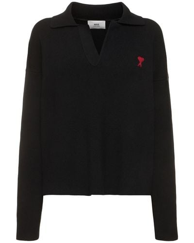 Ami Paris Red Adc Polo Cotton & Wool Jumper - Black