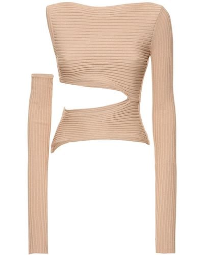 ANDREADAMO Ribbed Knit Cutout Long Sleeve Top - Natural