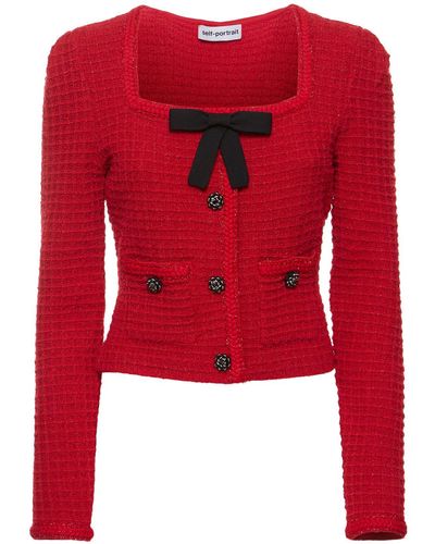 Self-Portrait Cotton Blend Knit Top W/bow - Red