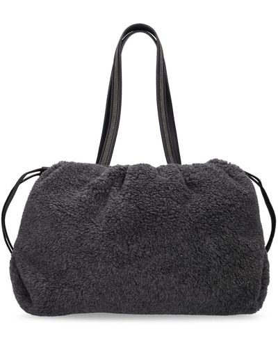 Brunello Cucinelli Wool Blend Faux Fur Shoulder Bag - Black