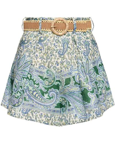 Zimmermann Ottie Printed Linen Belted Shorts - Green