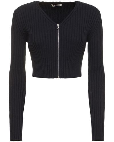 AURALEE Cardigan in maglia di cotone a costine / zip - Nero