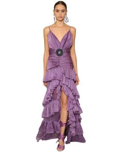 RAISA & VANESSA Ruffled Shiny Jersey & Chiffon Dress - Purple
