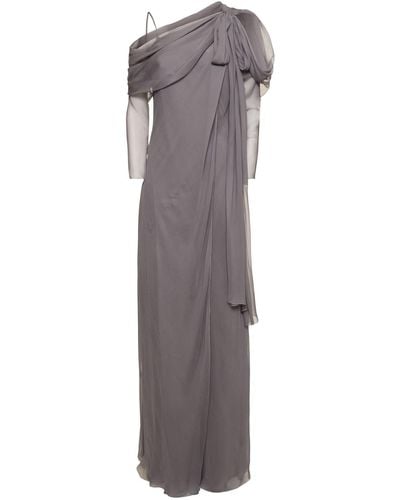 Alberta Ferretti Draped Chiffon & Satin Long Sleeve Dress - Gray