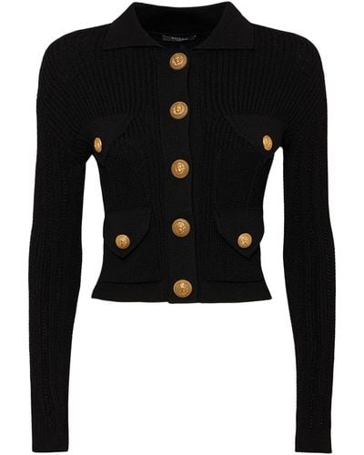 Balmain Cropped eco-designed knit cardigan with gold-tone buttons - Nero