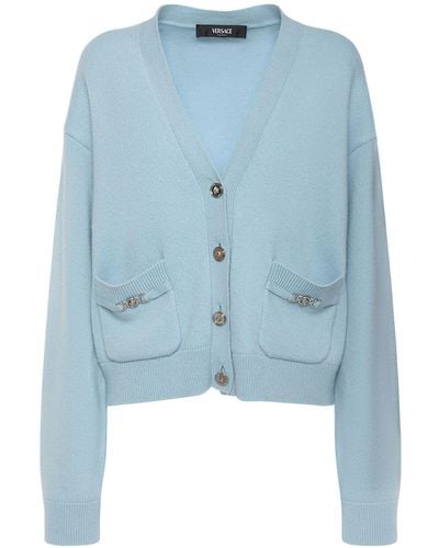 Versace Embellished Cashmere Knit Cardigan - Blue