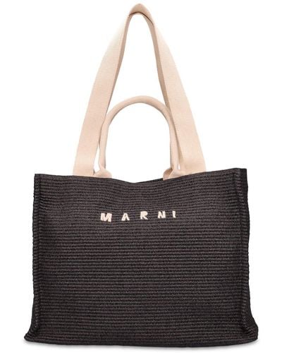 Marni Large Logo Raffia Effect Tote Bag - Black