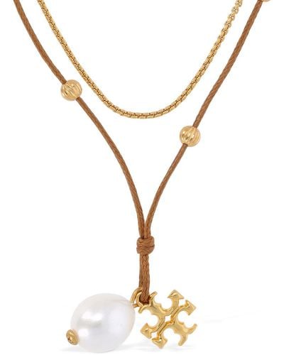 Tory Burch Kira Double Cord Chain Necklace W/ Pearl - Metallic