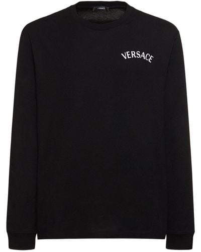 Versace Langärmeliges T-shirt Aus Baumwolle Mit Logodruck - Schwarz