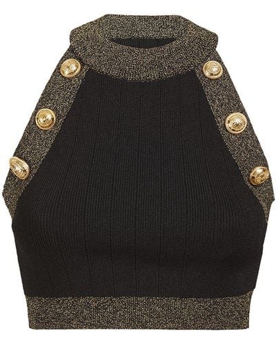 Balmain Sleeveless Viscose Knit Crop Top - Black