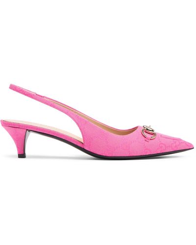 Gucci 45mm Horsebit Canvas Slingback Court Shoes - Pink