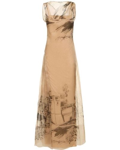 Alberta Ferretti Printed Silk Organza Long Dress - Natural