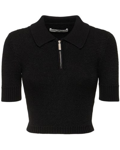 Alessandra Rich Sequined Cotton Blend Knit Polo W/ Zip - Black