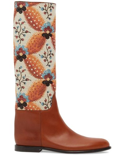 Etro 10mm Leather & Jacquard Tall Boots - Brown