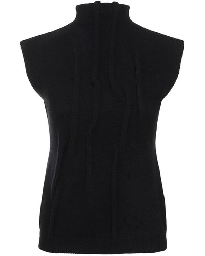 Gauchère Wool Knit High Neck Sleeveless Top - Black