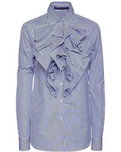 Ralph Lauren Collection Keara Striped Poplin Cotton Frill Shirt - Blue