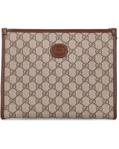 Gucci Leather-trimmed Monogrammed Coated-canvas Pouch - Brown